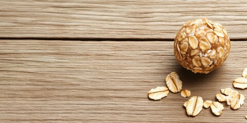 Oat energy ball and loose flakes on rustic wood surface, plant based food ingredient.