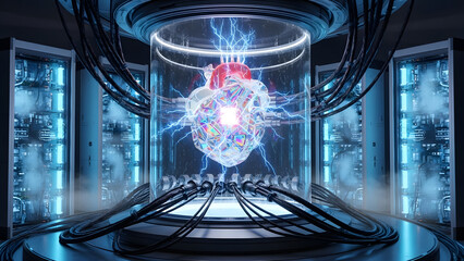 Futuristic AI Artificial Intelligence Heart in Cybernetic Chamber with Neural Networks, Electric Pulses, and High-Tech Data Center Environment