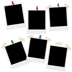 Retro photo frames collection with thumbtacks and tape for displaying memories isolated on transparent background