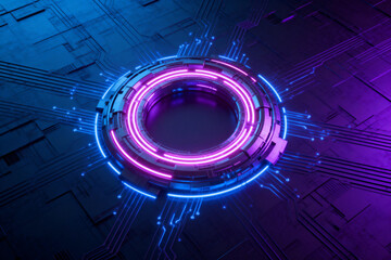 Futuristic Neon Circular Portal on Circuit Board