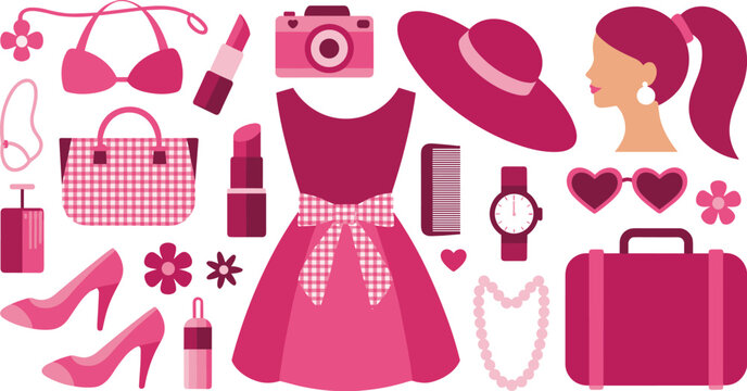 Pink women fashion accessories and outfit vector illustration set with dress shoes bag cosmetics isolated