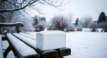 White rectangular box on a snow-covered wooden bench in a serene winter park