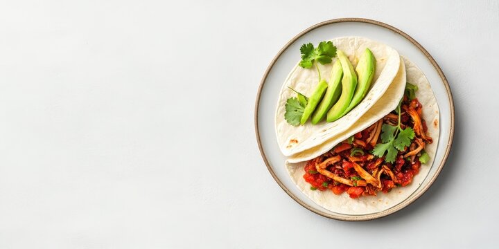 Delicious plant based taco with fresh avocado and cilantro on a white background, overhead view, healthy vegan meal.