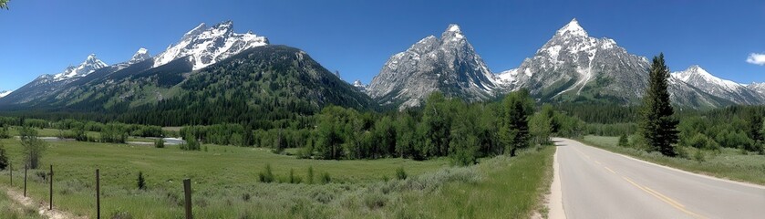 Fototapeta premium A stunning panoramic view of majestic snow-capped mountains against a clear blue sky, surrounded by lush greenery and a winding road.