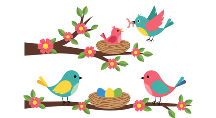 Fototapeta premium Spring Bird Family Nesting Scene for Easter Greeting Cards Website Design Nursery Decor