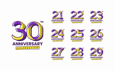Colorful anniversary celebration logotype set. 21, 22, 23, 24, 25, 26, 27, 28, 29, 30
