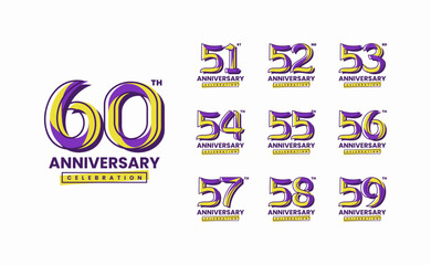 Colorful anniversary celebration logotype set. 51, 52, 53, 54, 55, 56, 57, 58, 59, 60
