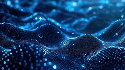 Blue digital particles form flowing wave grids and glowing mesh, visualizing big data, ai, internet connectivity, cybersecurity and futuristic scientific networks in motion
