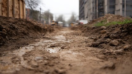 A muddy uneven ground path at a construction site with visible heavy hinery in the distance under an overcast sky
