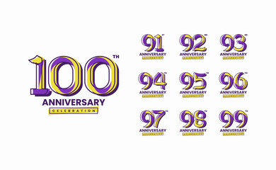 Colorful anniversary celebration logotype set. 91, 92, 93, 94, 95, 96, 97, 98, 99, 100