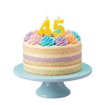 Pastel 45th birthday layer cake with candles on blue stand isolated