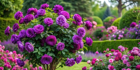 Obraz premium Vibrant Purple Rose Bush in a Lush Garden Setting, Showcasing a Stunning Display of Blooms