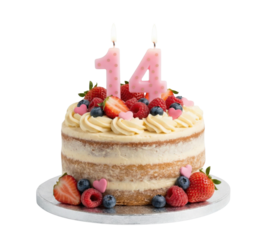 Fourteenth birthday naked cake with fruit and pink number 14 candles