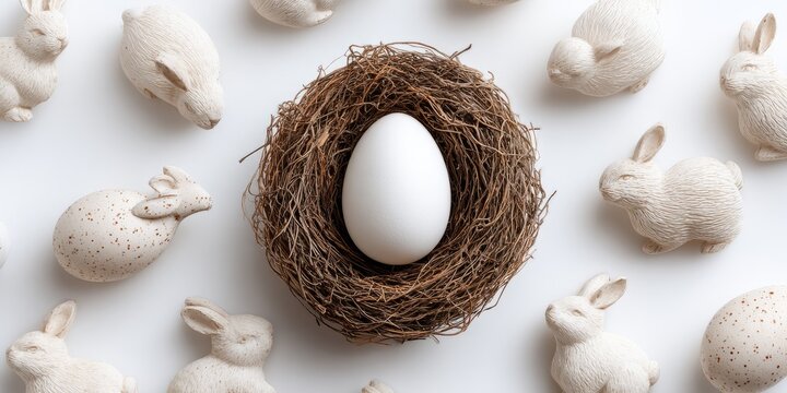 Adorable White Easter Bunny in Woven Nest with Pastel Eggs