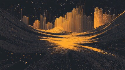 Abstract digital landscape showing an orange virtual cityscape made of data streams and pixelated information, creating a dynamic background for technology and modern concepts