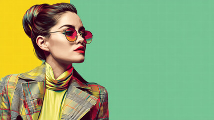 Pop art style portrait of retro woman wearing fashion sunglasses for magazine cover with vibrant colors and confident