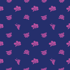 Fuchsia Pink Jasmin, seamless jasmine cute flowers pattern, Vector hand drawn floral illustration dark blue background. Wallpaper, nostalgia
