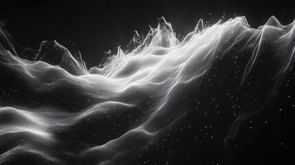 Glowing abstract particles form a dynamic undulating digital landscape, evoking data flow, virtual reality, sound waves and cybersecurity in an ethereal futuristic aesthetic