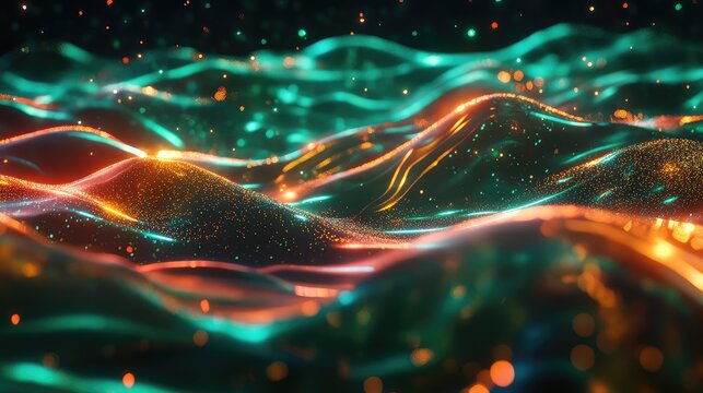 Abstract digital waves creating a dynamic background, showing interconnected flowing data streams and illuminated particles, representing modern technology and energy transfer concepts - Powered by Adobe