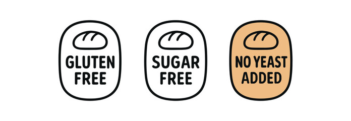 Obraz premium Flat vector illustration bakery labels with text gluten free sugar free no yeast added