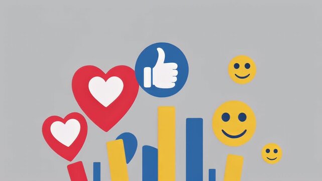 Social media reaction icons popping up with like, love, and smile. Animated sequence of popular social network reaction symbols including thumbs up, red heart, and yellow.