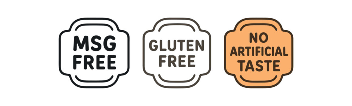 Flat vector illustration sauce labels with text msg free gluten free no artificial taste