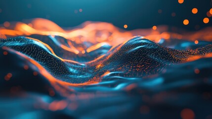 Abstract network of glowing blue and orange particle waves creating a digital landscape, representing big data, artificial intelligence, and cutting edge technology concepts
