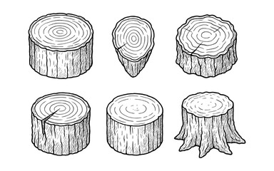 Collection of hand-drawn wood stump illustrations with visible growth rings and bark texture