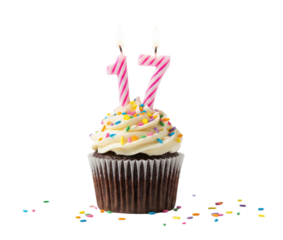 Birthday cupcake with number 17 candles and colorful sprinkles isolated