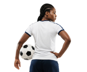 Female soccer player from behind holding ball isolated on white background