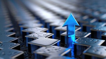 Blue Arrow Pointing Upward on Metallic Surface with Textured Blocks and Reflections for Growth Concept
