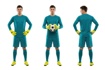 Soccer goalkeeper in teal uniform front and back views holding ball isolated