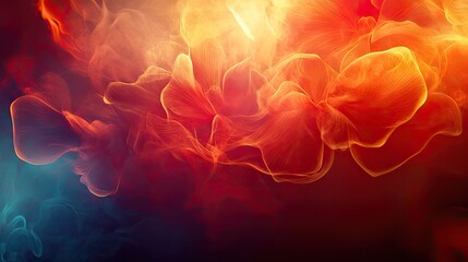 Abstract flowing lines creating a dynamic background with a vibrant gradient of warm orange and red colors transitioning into cooler blue tones, suggesting energy, motion, and fluidity