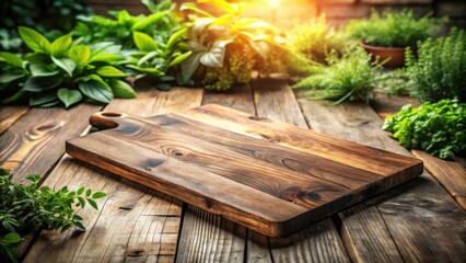 Rustic Wooden Cutting Board Amidst Vibrant Greenery on a Weathered Wooden Table