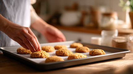 Close-up of a person placing freshly baked cookies on a baking tray in a cozy kitchen, sunlight shining on homemade pastries.
