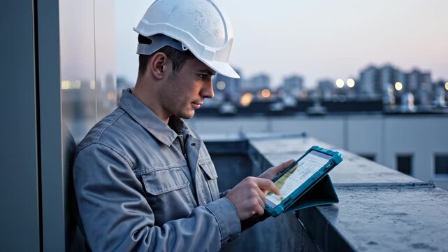 Construction engineer uses tablet on rooftop with city skyline. Worker checks tablet at construction site. Engineer reviews building data on tablet. Construction professional uses digital device.