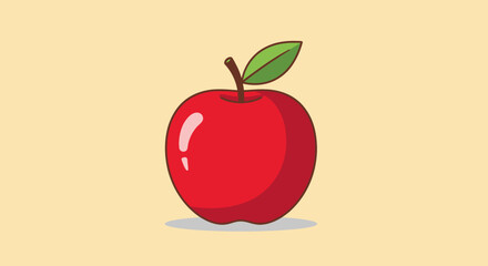 Illustration of a bright red apple with a green leaf.