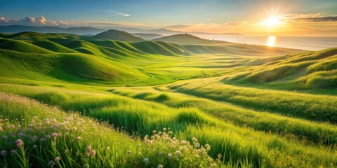 Serene Sunset Over Rolling Green Hills and Meadow Flowers
