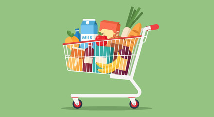 Full grocery shopping cart filled with food items.