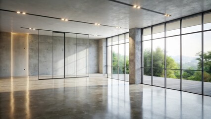 Spacious Modern Interior with Floor-to-Ceiling Windows and Concrete Walls, Ideal for a Versatile Open-Plan Design