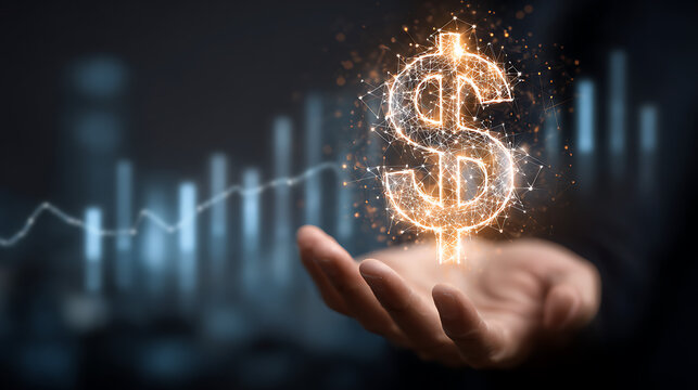 Glowing digital dollar symbol hovering over open palm against financial graph finance technology