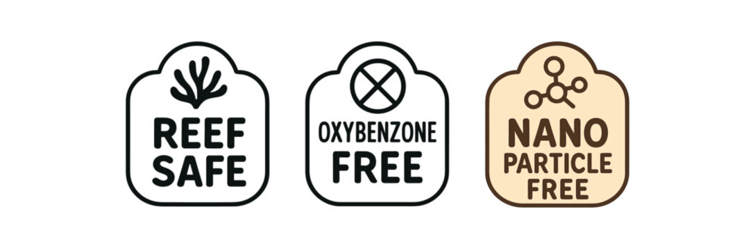 Flat vector illustration sunscreen product badges with text reef safe oxybenzone free nano particle free