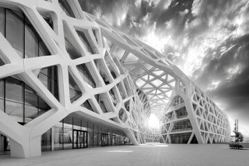 Modern White Building with Unique Lattice Design in Black and White