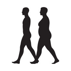 Silhouette of two people walking contrasting body types shown in black