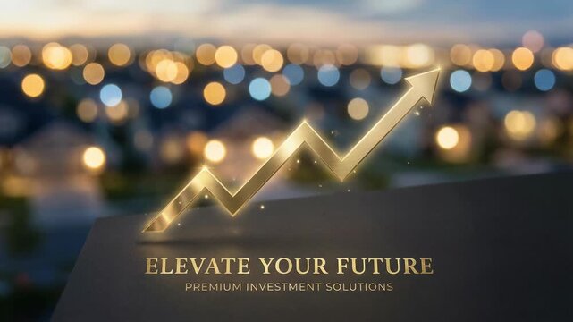 A gleaming gold arrow ascends against a blurred cityscape, a symbolic representation of growth and forward motion.