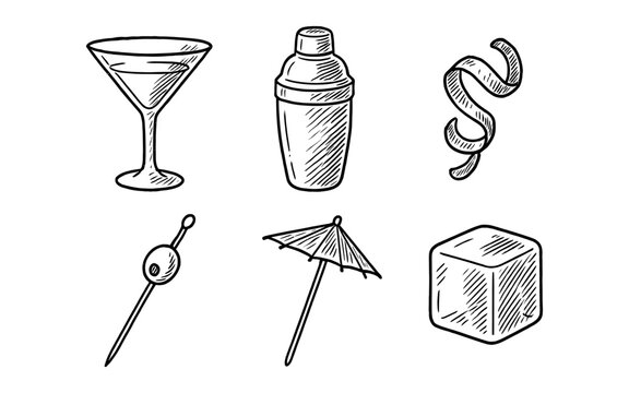 Hand-drawn cocktail ingredients and bar tools collection