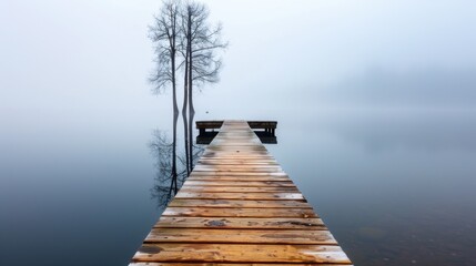 Fototapeta premium Serene Wooden Pier Extending Into Foggy Lake Surrounded by Bare Tree in Still Water Reflection