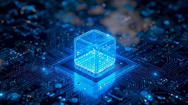 Glowing Digital Data Cube Floating Above Electronic Circuit Surface Showing Advanced Computing Storage and Network Technology Concept