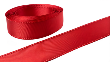 A vibrant red fabric ribbon is neatly rolled, with a long flat strip gracefully extending, showcasing its detailed texture and fine stitched edges.