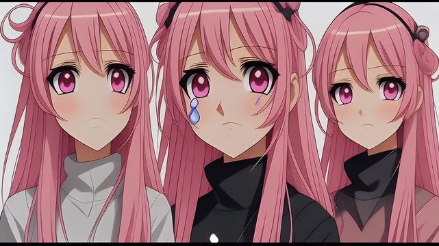 Anime girl character sheet with different facial expressions. Pink haired manga style female showing happy, sad, and neutral emotions side by side, 4k.
